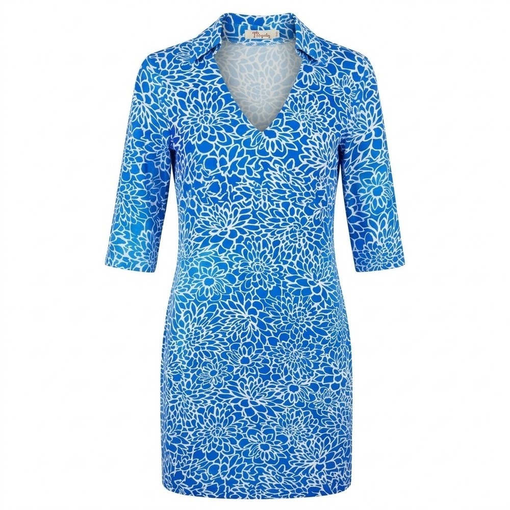 Aryeh SMALL Blue White Floral V-Neck Collared Sheath Dress 3/4 Sleeve Stretch